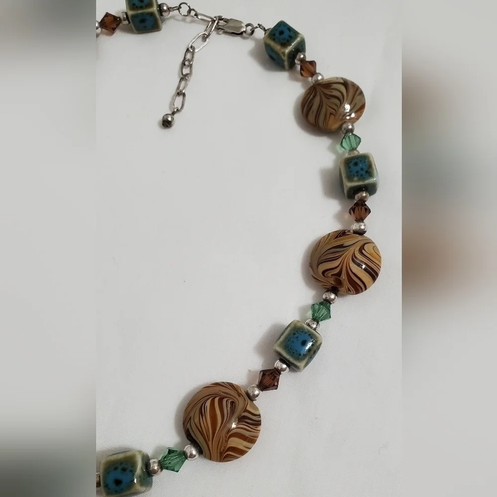 Vintage Orange Brown & Turquoise Color Art Glass & Sterling Silver Necklace